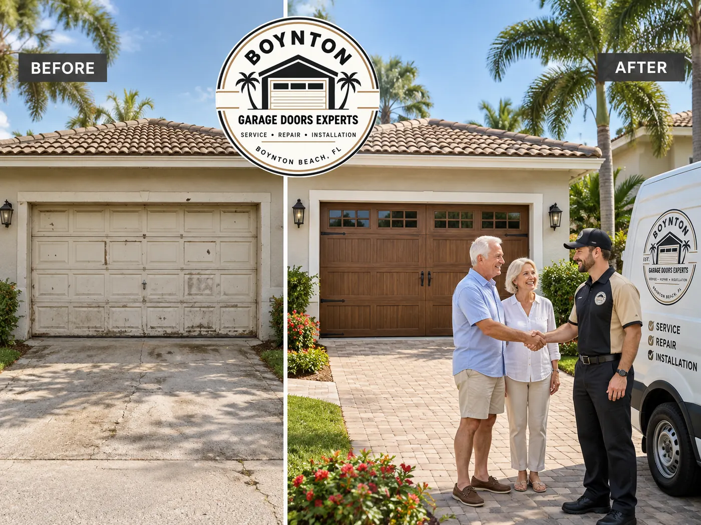 Before and after: a faded white garage door, and the same Boynton garage with a new wood-look door as a retired couple shakes hands with the technician