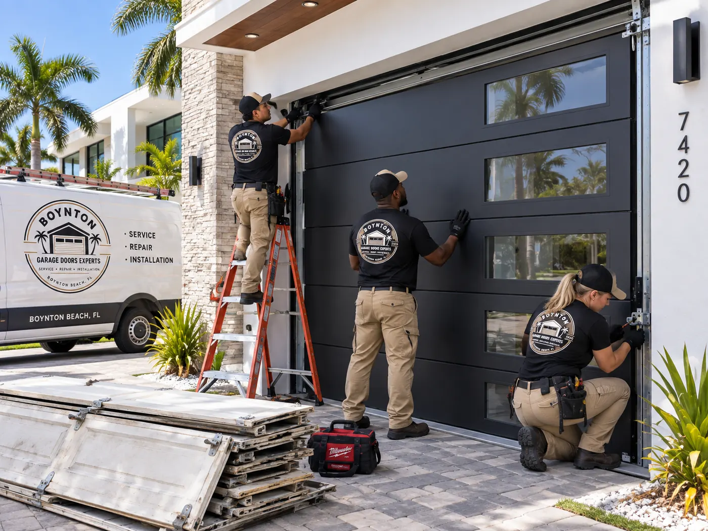 Three Boynton Garage Doors Experts technicians installing a modern black garage door