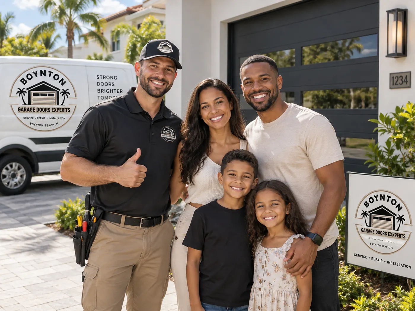 Boynton Garage Doors Experts technician with a smiling family in front of their new garage door