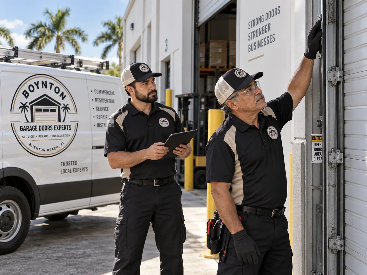 Two technicians inspecting a commercial roll-up door at a warehouse, the company van parked outside